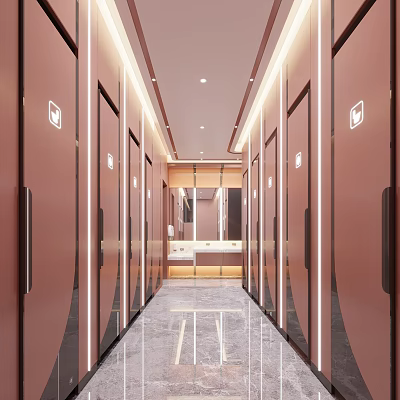 Elegant Modern Public Restroom Corridor With Stalls Lighting Mirrors And Washbasins 3d model
