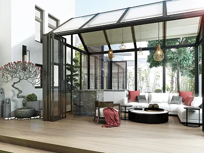 Villa Balcony Open Design With Glass Roof Pendant Lights Sofa Pillows Plants Wooden Floor 3d model