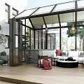 Villa Balcony Open Design With Glass Roof Pendant Lights Sofa Pillows Plants Wooden Floor