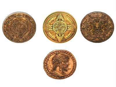 Vintage Ancient Coins With Golden Star And Copper Portrait Designs 3d model