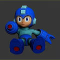 Blue Robot Game Character In Sitting Pose With Helmet Red Hands And Reflective Surface 3d model