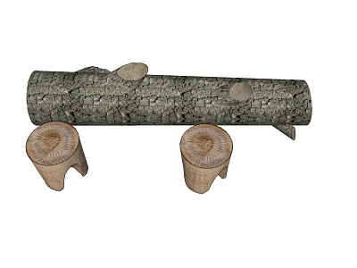 Natural Stone Wood Log With Rough Bark Texture Supported By Wooden Stumps 3d model