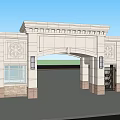 White Stone Entrance Gate With Classical Arched Design And Black Iron Door