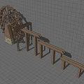 Garden Landscape Design Featuring Wooden Water Wheel And Benches With Grid Patterned Walls And Floor