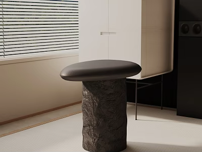 Modern Interior With Black Oval Top Side Table On Dark Stone Base And White Cabinets 3d model
