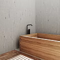 Modern Bathroom Interior With Wooden Bathtub Gray Tiled Walls And Vanity Sink