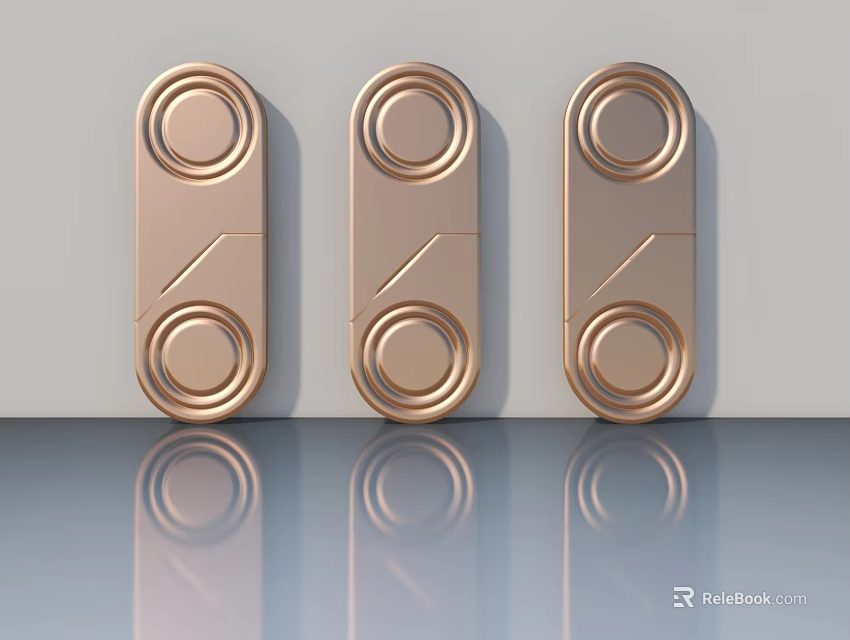 Three Golden Swing Door Locks Mounted On Light Colored Wall With Reflective Floor 3d model 