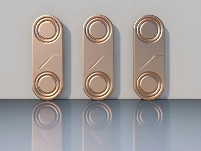 Three Golden Swing Door Locks Mounted On Light Colored Wall With Reflective Floor 3d model