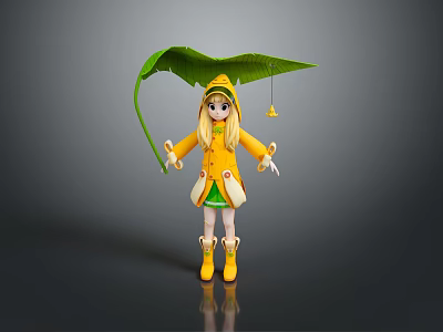 Little Girl In Yellow Raincoat And Hat Holding Large Green Leaf Umbrella With Bell 3d model