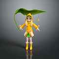 Little Girl In Yellow Raincoat And Hat Holding Large Green Leaf Umbrella With Bell
