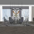 Elegant Modern Dining Table Set With Dark Blue Chairs Golden Chandelier Floral Centerpiece Patterned Rug