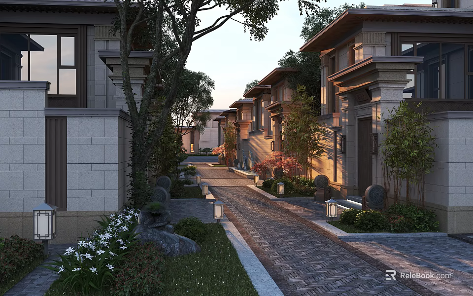 Elegant Townhouse Row With Stone Pathway Green Plants Courtyard And Lighting 3d model 