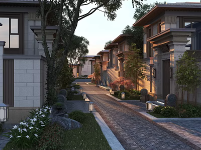 Elegant Townhouse Row With Stone Pathway Green Plants Courtyard And Lighting 3d model