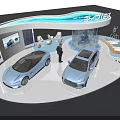 EHP Auto Show Booth With Two Blue Cars Display Screen Seats And Visitors
