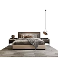 Modern Double Bed Interior With Nightstands Soft Rug And Pendant Light 3d model