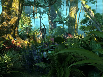 Tropical Forest Scenery with Lush Vegetation Tall Trees Sunlight Through Leaves and a Person Exploring 3d model