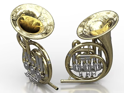 Golden Brass French Horns With Detailed Structure And Musical Instrument Design 3d model
