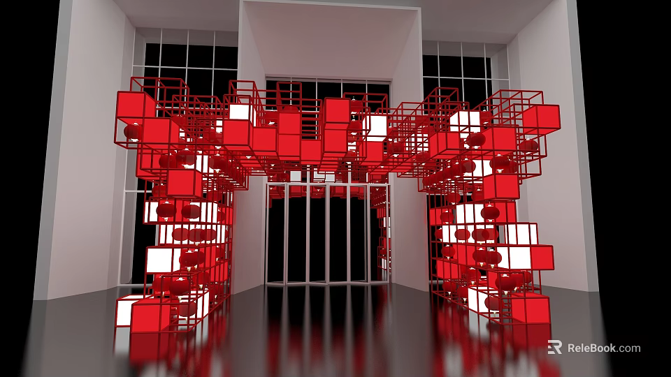 Event Gateway Featuring Red White Cubes Large Windows White Walls And Sleek Black Floor 3d model 