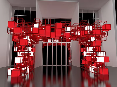 Event Gateway Featuring Red White Cubes Large Windows White Walls And Sleek Black Floor 3d model