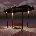 Modern Outdoor Pergola Featuring Black Roof Brown Pillars And Orange Bench On Paved Ground