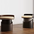 Two Modern Stools With Brown Frame Beige Cushion On Wooden Floor And White Blinds