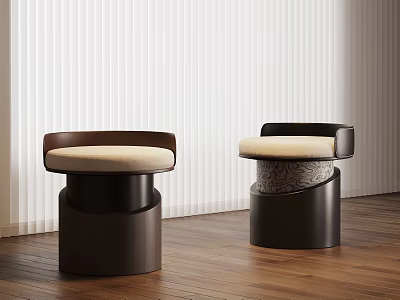 Two Modern Stools With Brown Frame Beige Cushion On Wooden Floor And White Blinds 3d model
