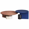 Round Wooden Coffee Table With Blue Pedestal And Marble Base Design