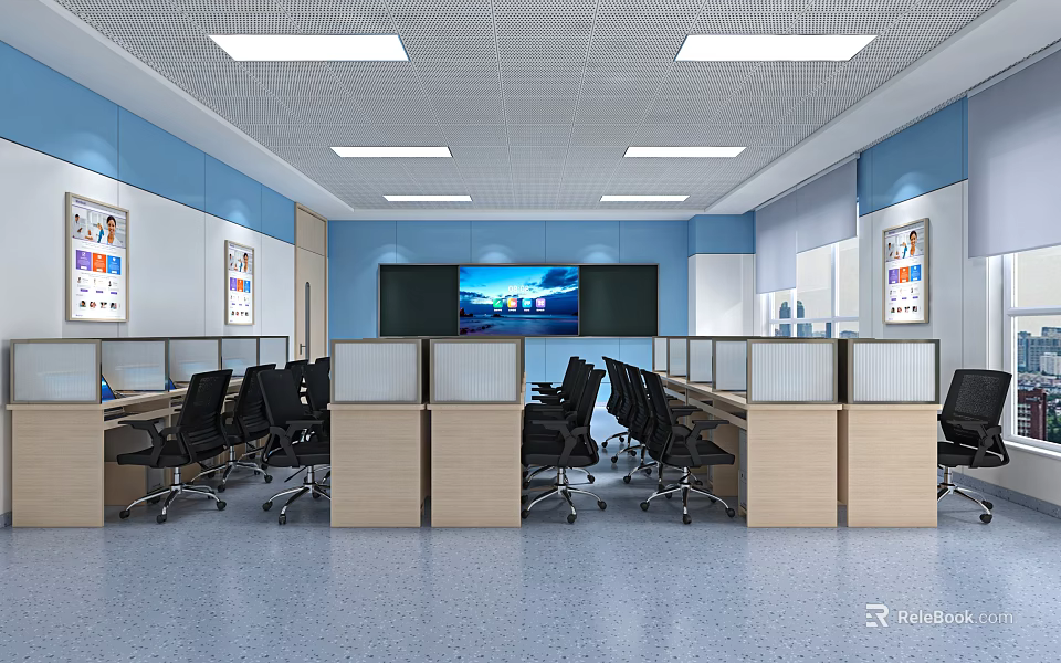 Bright Modern School Classroom With Desks Chairs Whiteboard Projector And Study Area 3d model