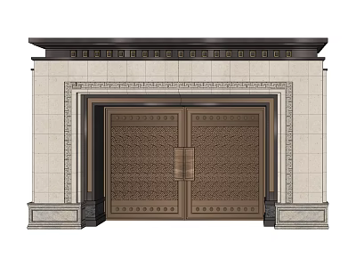 Elegant Entrance Gate With Carved Bronze Double Door And Stone Frame Design 3d model