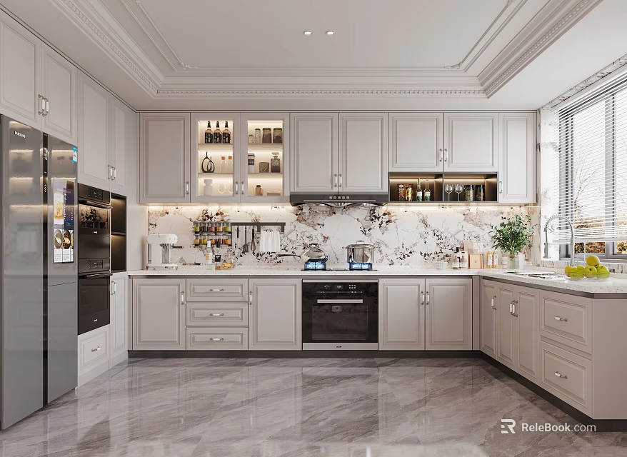 Elegant Modern Kitchen Interior Design With Marble Island Cabinets And Countertops 3d model 