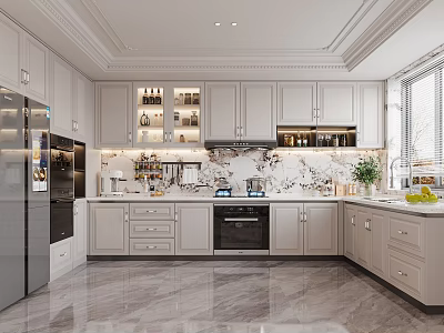 Elegant Modern Kitchen Interior Design With Marble Island Cabinets And Countertops 3d model