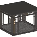 Modern Garden Pavilion With Black Lattice Roof And Metal Frame On Gray Marble Floor