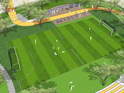 Soccer Field With Lush Green Turf Goalposts Surrounding Trees And Players 3d model