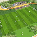Soccer Field With Lush Green Turf Goalposts Surrounding Trees And Players