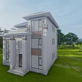 Modern Detached Villa Exterior With Green Lawn Palm Trees And Large Windows