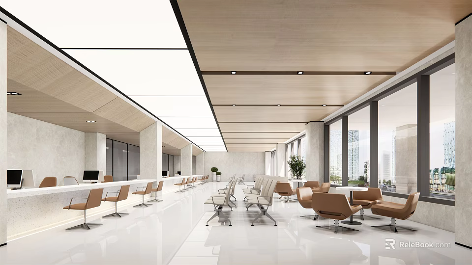 Modern Service Hall With Open Layout Comfortable Seats Large Windows And Natural Light 3d model 