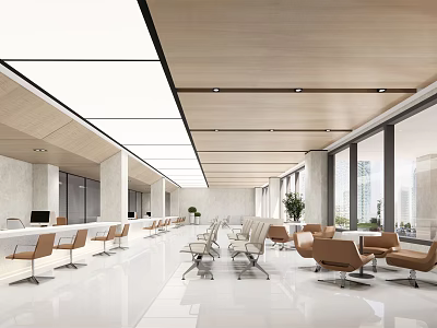 Modern Service Hall With Open Layout Comfortable Seats Large Windows And Natural Light 3d model