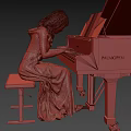 Woman in Blue and White Floral Dress Playing Black PALMGREN Piano on Gray Background