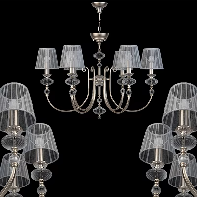 Elegant Chandelier With White Lamp Shades And Crystal Accents On Metal Frame 3d model