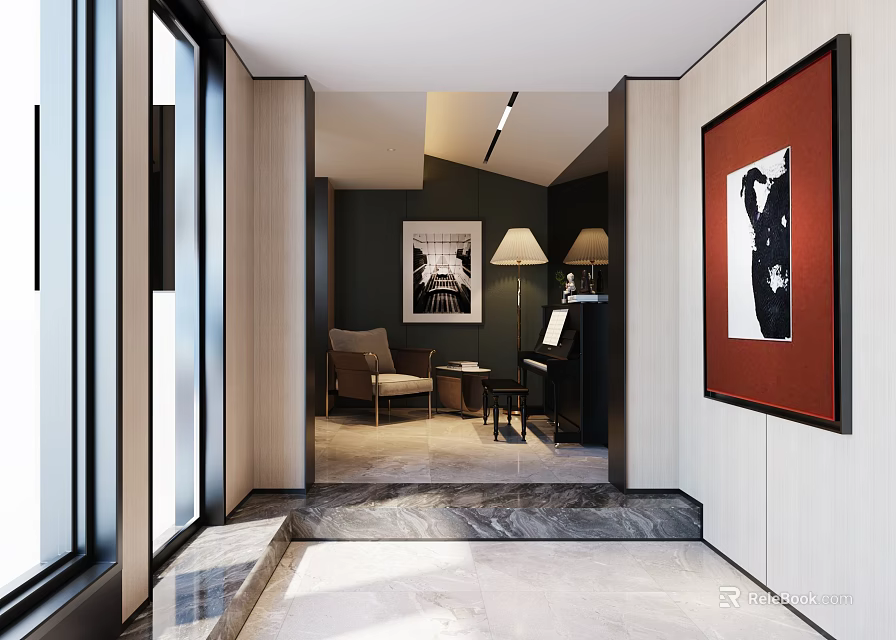 Modern Piano Room With Piano Artwork And Seating 3d model 