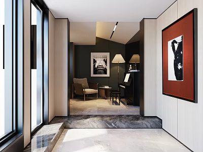 Modern Piano Room With Piano Artwork And Seating 3d model
