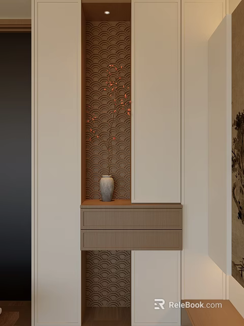 Elegant New Chinese Style Entryway Side Cabinet With Artistic Vase Decoration And Functional Storage Drawers 3d model 
