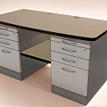 Modern Office Desk with Multiple Drawers Dark Wooden Top and Metal Handles