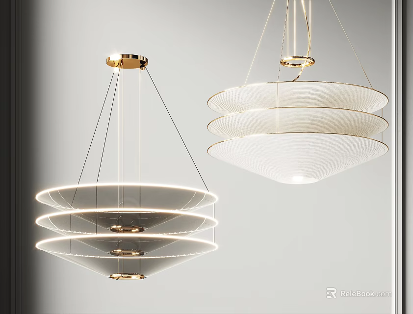 Modern Multi Tiered Chandeliers With White Shades And Gold Metal Frame Accents 3d model 