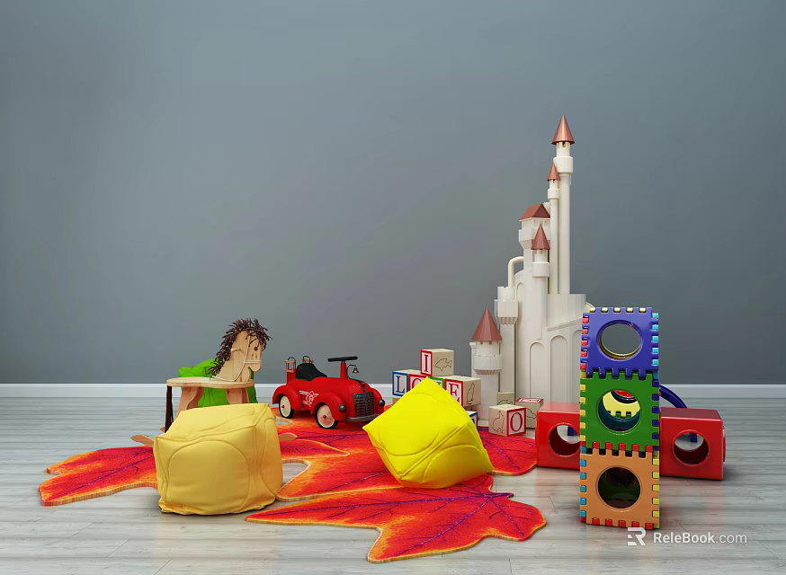 Colorful Building Blocks Form Castle with Toy Car and Stuffed Toy on Red Carpet 3d model 