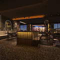 Modern Bar Interior With Warm Pendant Lighting Wooden Tables Leather Chairs And Neon Decor