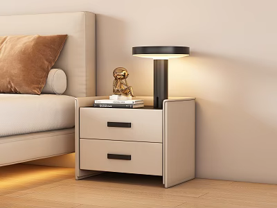 Modern Beige Nightstand With Two Drawers Table Lamp Books And Golden Decorative Statue 3d model