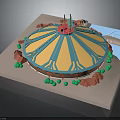 Cosmic Space Station Round Module With Blue Yellow Stripes Green Circular Decor And Red Observation Tower