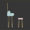 Modern Light Blue Dressing Table with Gold Accents Round Mirror and Pink Stool