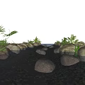 Natural Waterfront Landscape With Stream Stones Green Plants And Water Reflection